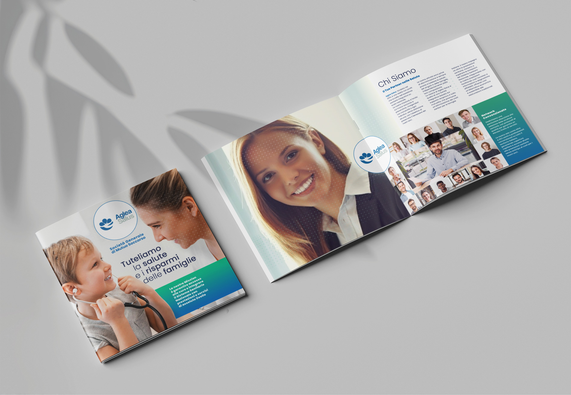Brochure aziendale Aglea Salus con copertina e pagina Chi siamo impaginate per il settore sanitario