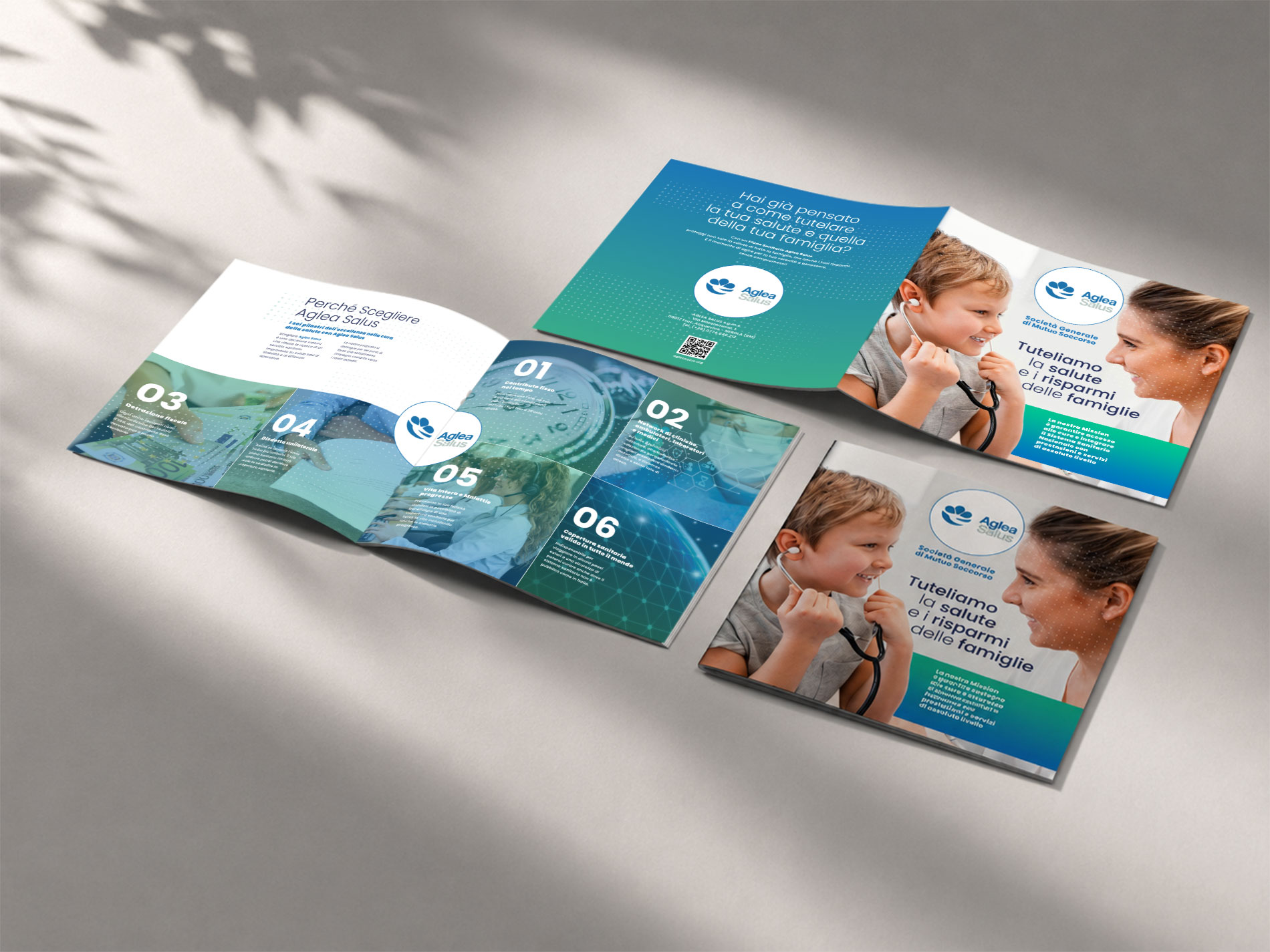 Impaginazione brochure Aglea Salus con sezioni numerate e servizi sanitari